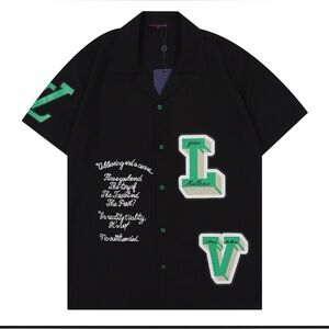Louis Vuitton Black Short-Sleeve Button Shirt with Green Letter Patches